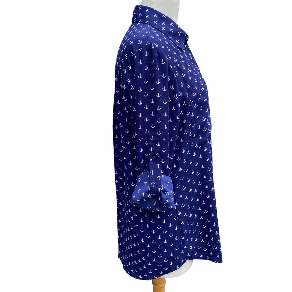 Express The Portofino Shirt Blue Nautical Anchor Print Roll Tab Coastal Preppy-L - Picture 6 of 15